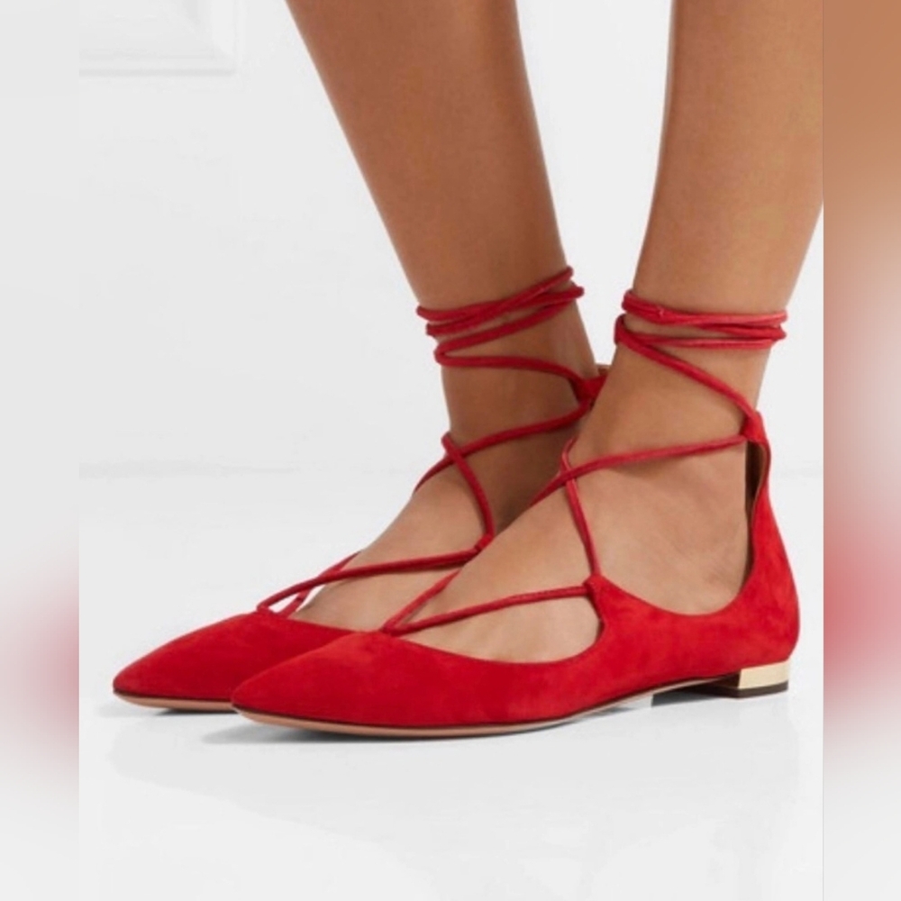 Aquazzura Christy Red Suede Lace-Up Ballet Flats Size 37 1/2 (US Size 7 1/2)
